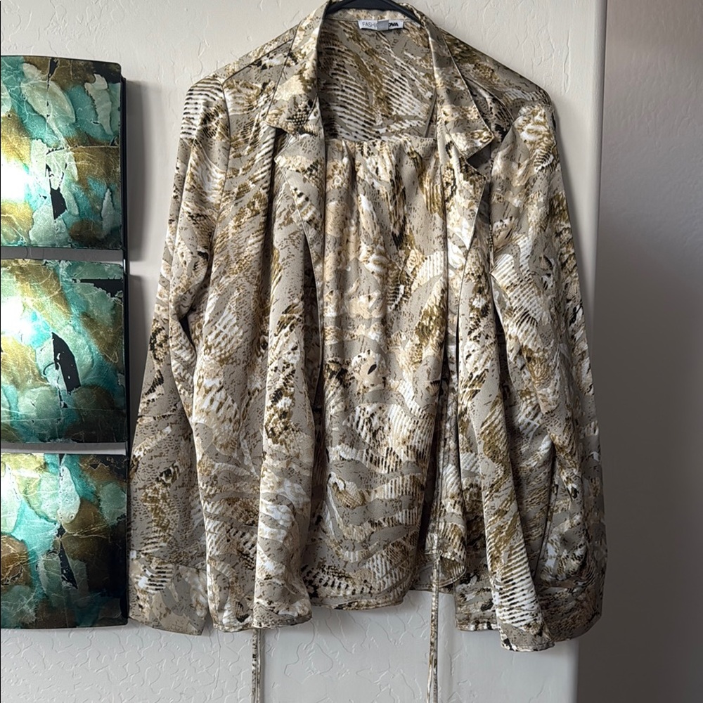 Patterned Animal Print Button-Up Blouse and Skirt